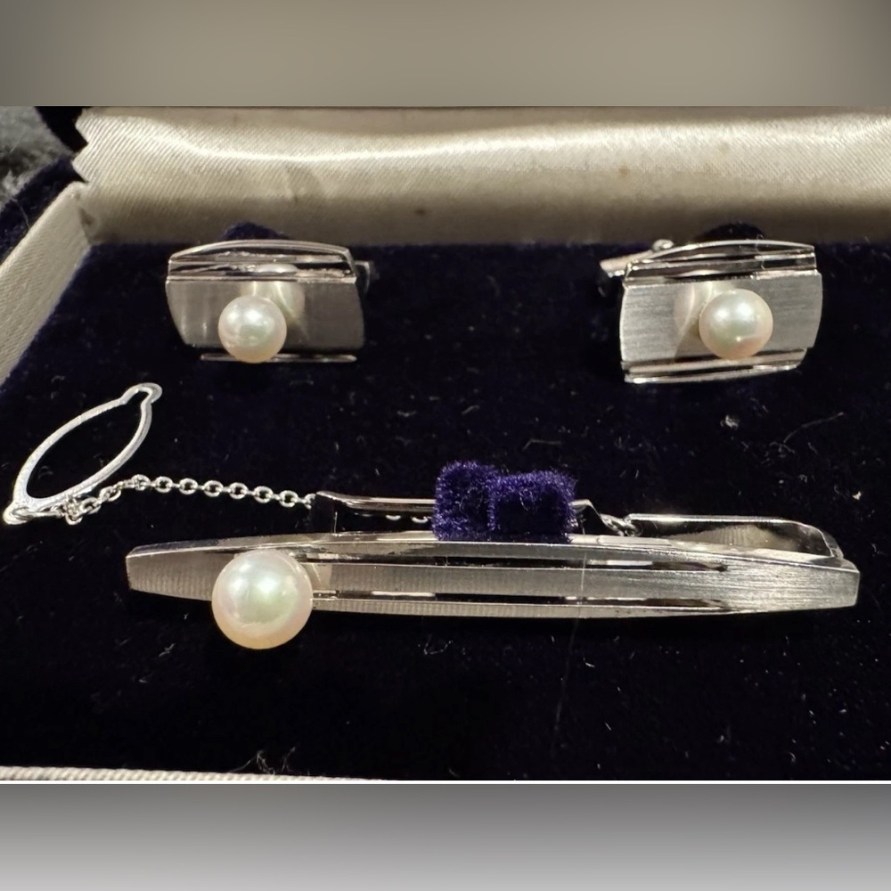 Genuine Pearl Cuff links / Tie Clip  Silver 850 Vintage Japanese